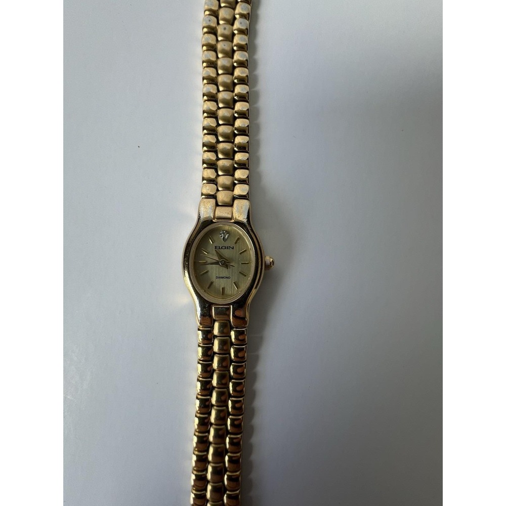 Elgin Watch Womens Gold Tone Diamond Accent 16mm Oval Dial